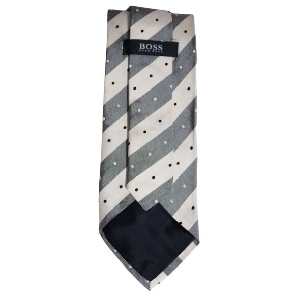 Hugo Boss Tie 100% Silk Cream, Charcoal Grey & Black Diagonal Striped Polka Dot - Picture 2 of 4